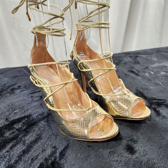 M&L Gold Metallic Material Open Round Toe Strappy Tie Detail 4" Stiletto Heels - Picture 5 of 8